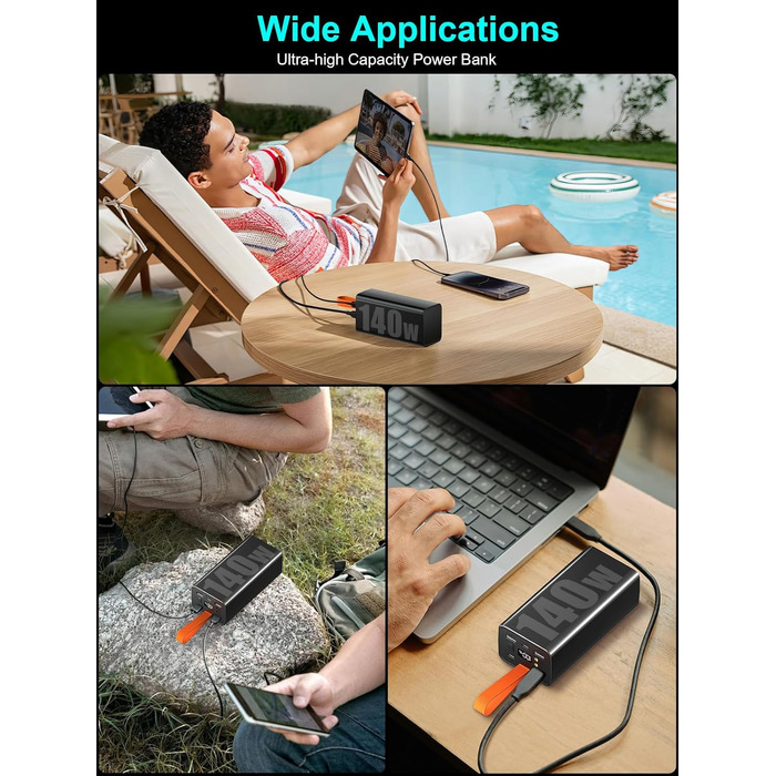 Портативний зарядний пристрій для ноутбука 140W, 70000mAh, USB-C PD 3.0, цифровий дисплей, сумісний з iPhone, Galaxy, MacBook, Dell
