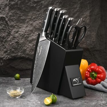 NANFANG BROTHERS 18-Piece Damascus Kitchen Knife Set with Hammered Handles & Wooden Block - Premium Quality