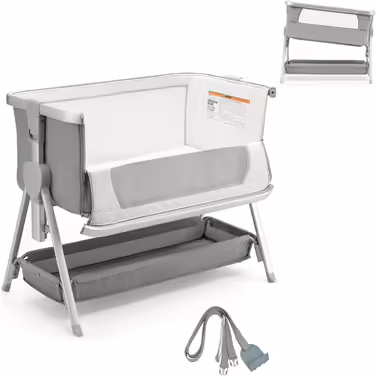 COSTWAY 2-in-1 Side Sleeper Bed & Travel Bed, Folding, Baby Cot with 7-Level Adjustable Height, Portable Baby Bed with Safety Belt, Mesh Windows, Mattress, Under-Bed Basket & Wheels (Dark Grey)