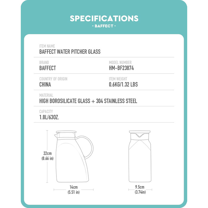 Baffect Carafe Glass with Lid, 1.8L/63oz Refrigerator Glass Carafe with Stainless Steel Lid, High Borosilicate Glass Carafe Pitcher for Hot or Cold Homemade Drinks