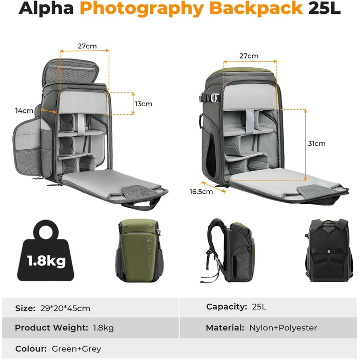 Рюкзак для фотокамери K&F Concept Alpha, 25L, чорний, з відділенням для 16-дюймового ноутбука, сумісний з Canon/Nikon/Sony/DJI Mavic