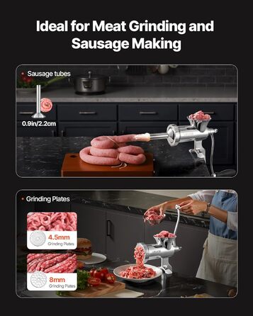 М'ясорубка ручна VEVOR з нержавіючої сталі, з присоскою та насадками для ковбас (38 см)