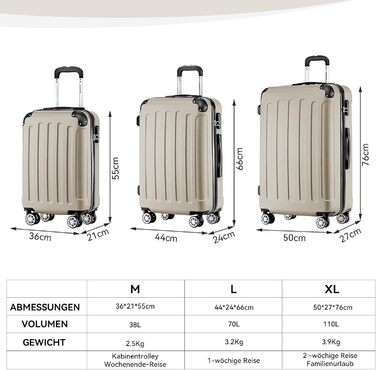 Набір валіз Beibye Hartschalen: M, L, XL (4 колеса) - темно-зелений, шампань