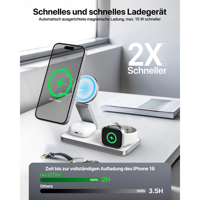 Зарядна станція Inductive QTlier 3-в-1 для iPhone 15/14/13/12, Apple Watch та AirPods, 30W Wireless Charging