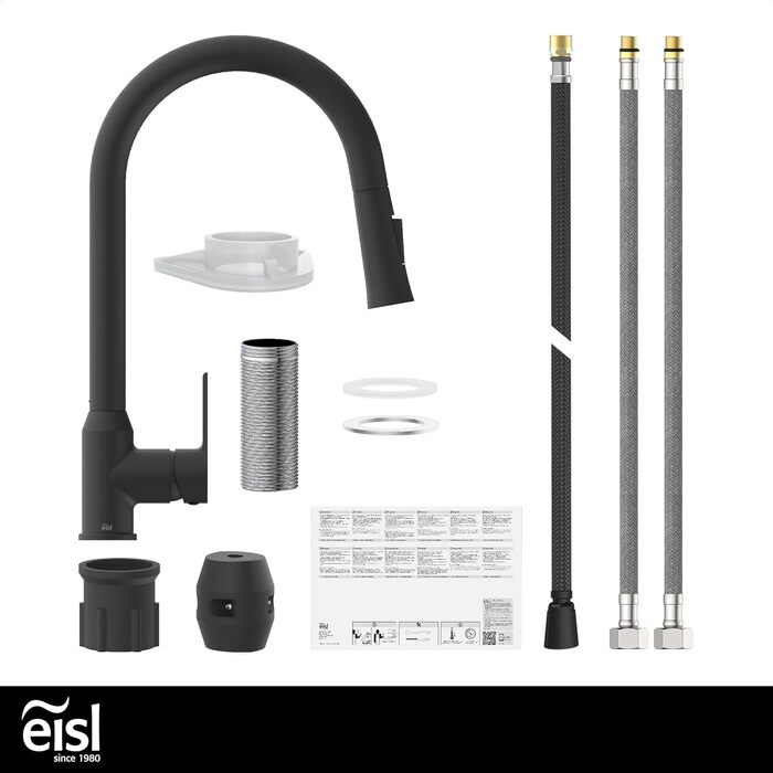 Кран кухонний гнучкий EISL Flexo з нержавіючої сталі/чорний, 360° обертання, високий вилив, Soft-Touch шланг, 2 функції, NI186FLNIB