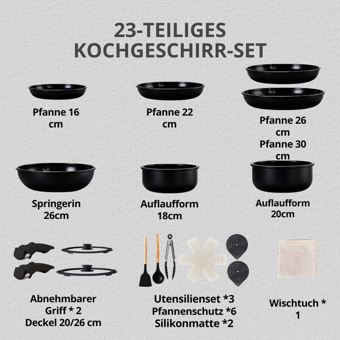 Набір каструль LEADZM з керамічним покриттям, 22/23 частини, сумісний з усіма плитами, індукційний, без PFOA/PFOS (Бежевий/Чорний)