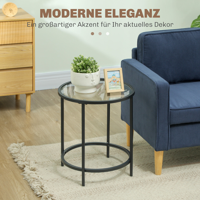 HOMCOM Side Table Round Coffee Table with Glass Tabletop, Metal Frame, Coffee Table, Nightstand for Living Room, Bedroom, Black, Ø48 x 54.7 cm | Aosom