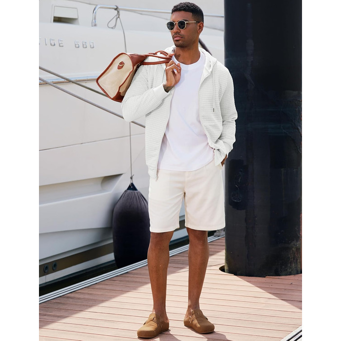 Світшот JMIERR чоловічий з капюшоном, світшот з довгим рукавом у вафельному стилі, повсякденна толстовка, світшот на блискавці з кишенями (білий, XL)