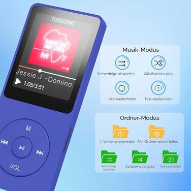 MP3 плеєр AGPTEK 64GB Hi-Fi музичний плеєр з часом роботи до 70 годин, підтримка карт пам'яті до 128ГБ, легкий портативний плеєр для дітей та дорослих, синій