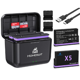 Homesuit Запасний акумулятор Insta360 X5 (2 шт.) 2850mAh + LED-зарядний пристрій з Dual-Slot та Micro SD кардридером (комплект)