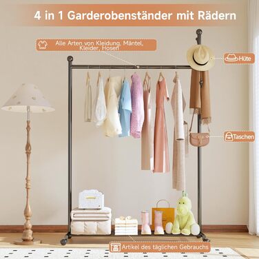 Innotic 4-in-1 Multifunctional Clothes Rack with Wheels, Shelf, and Coat Rack for Entrance, Living Room, Bedroom (Classic Black)