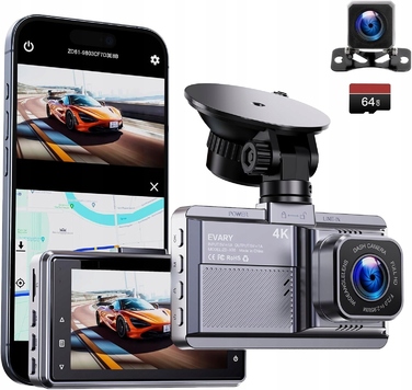 Автомобільний відеореєстратор 4K з камерою заднього виду, WiFi, WDR та карткою пам'яті на 64 ГБ