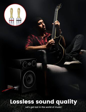 MOSWAG Бананові конектори для акустичних кабелів 4 шт. (2 пари), 24K позолота, для акустичних систем, AV-ресиверів, домашнього кінотеатру (підходить для кабелів діаметром до 4.5 мм)