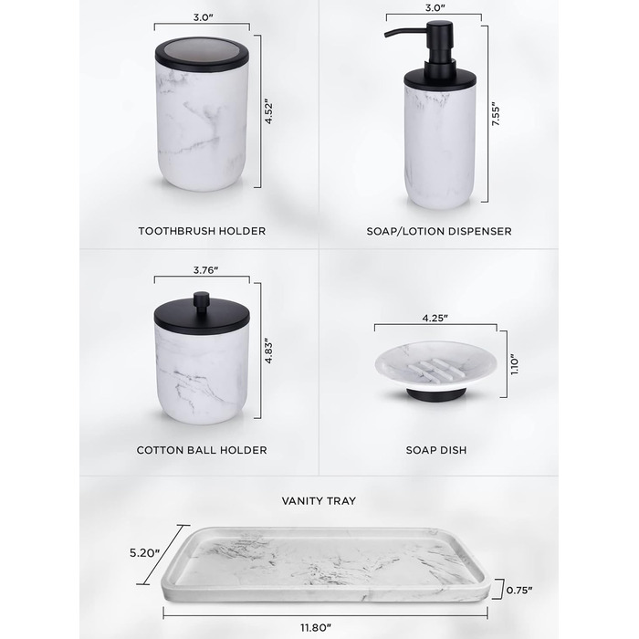 Набір аксесуарів для ванної кімнати: диспенсер для мила, тримач для зубних щіток, мармур, стиль фермерський дім, 5 шт., чорний