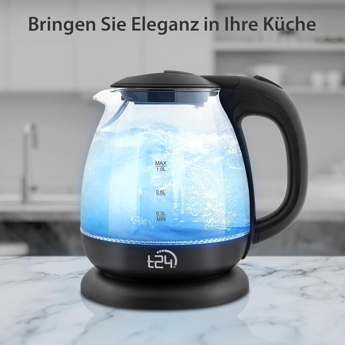 Скляний електрочайник T24 79020 з LED-підсвіткою, 1.7 л, 2200 Вт, захист від випаровування, без BPA