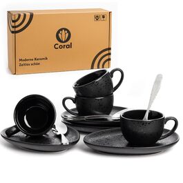 Набір кавових чашок Coral Espresso 4 шт. 90 мл, кераміка, чорний колір: чашки, блюдця та ложки