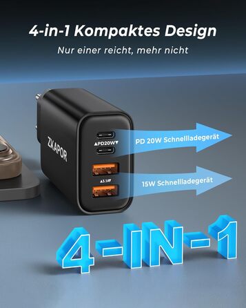 Зарядний пристрій ZKAPOR USB-C з 4 портами, 40W, з підтримкою PD та QC, для iPhone 16/15/14, Samsung Galaxy, Huawei, iPad Pro/Air, білий/чорний