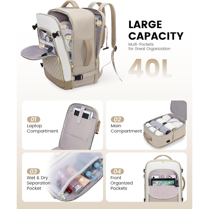 LOVEVOOK Рюкзак для подорожей жіночий великий 40L, ручна поклажа, для ноутбука 17.3