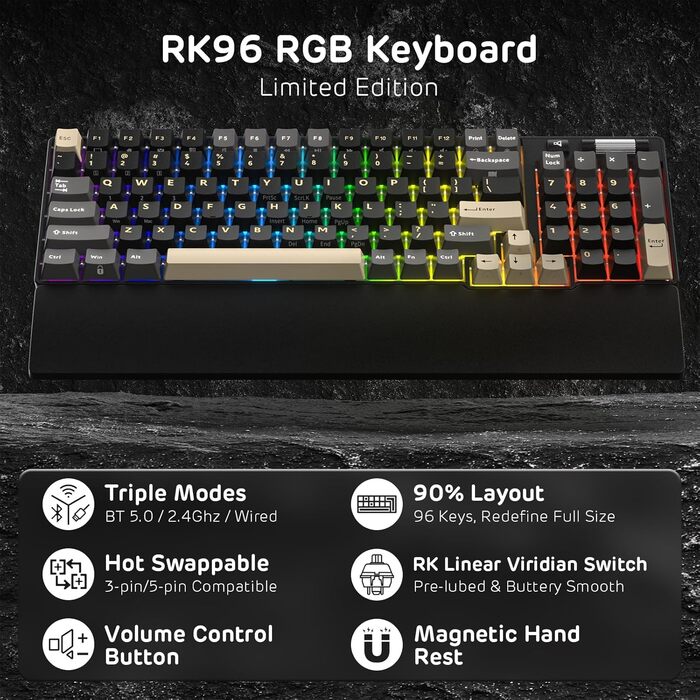 Механічна клавіатура RK ROYAL KLUDGE RK96 RGB Limited Ed з підсвічуванням, 96 клавіш, бездротовий з'єднання (BT5.0/2.4G/USB-C), Hot-Swap, підтримка програмного забезпечення, лінійні перемикачі, підставка для зап'ястя, QWERTY, колір: хромо-зелений, Eclipse