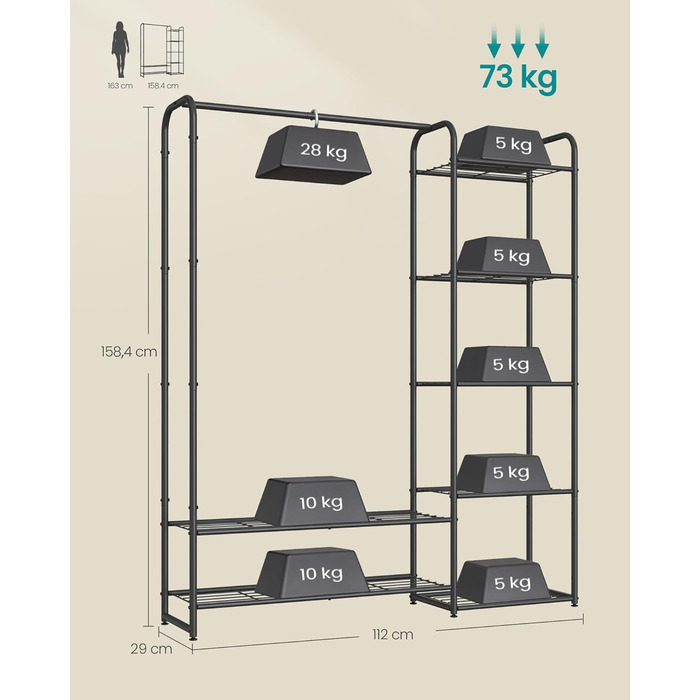 SONGMICS Clothes Rack, Open Closet, Clothes Rail, Coat Rack with Shelves, Metal Wardrobe, Freestanding, Matte Black LGR462B01