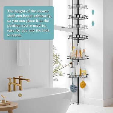 Hoomtaook Telescopic Shower Shelf, Shower Caddy Without Drilling Corner Stainless Steel Corner Shelf with 4 Shower Baskets, Telescopic Bathroom Shelf Height Adjustable 85-325cm for Bathroom and Kitchen, Black