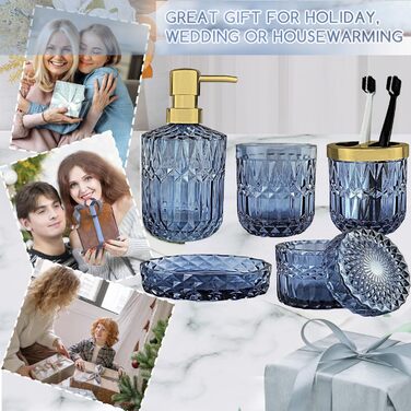 Набір для ванної кімнати скляний 5 предметів Lotionspender синій - розкішний органайзер для ванної (мильниця, стаканчик, тримач для зубних щіток)