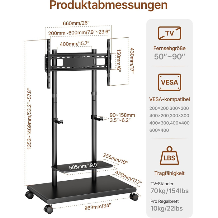 Підставка для телевізора на колесах з кріпленням для саундбару, 50-90 дюймів, до 70 кг, регульована висота та нахил, MAX VESA 600x400 мм