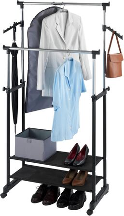 WENKO Clothes Rack Folding, Clothes Storage with Adjustable Clothes Rail and Wheels, Plastic/Metal, 88 x 100-168 x 11-49 cm, Chrome/Grey (169 x 43 x 89.5 cm)