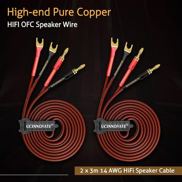 Акустичний кабель UCINNOVATE HiFi OFC (2 шт. по 3м), 14AWG з позолоченими роз'ємами Банан-Лопатка (Y-штекер) для підсилювача та колонок
