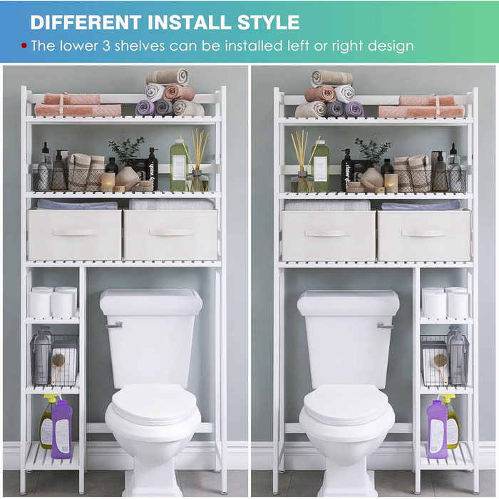 SMIBUY Over The Toilet Storage, 6-Tier Bamboo Bathroom Shelf with Drawers, Freestanding Over the Toilet Organizer Rack, Ample Storage, Space Saver for Small Spaces (Natural) (White)