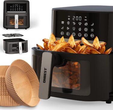 Фритюрниця ONBEST з великим оглядовим вікном та 12 програмами приготування – XL Airfryer об'ємом 6,5 л, 1600 Вт + 100 листів пергаментного паперу для випікання. Готування без олії для 2-5 осіб