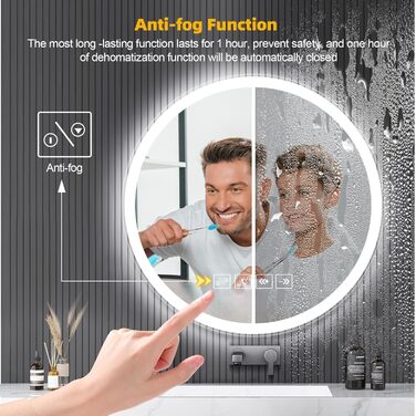 Круглий дзеркало для ванної кімнати з LED-підсвічуванням, 60 см, з функцією проти запотівання, сенсорним перемикачем та Bluetooth, регульована яскравість, 3000K/4000K/6500K, HD-загартоване скло, 600*600 мм