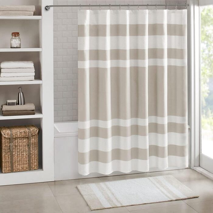 Шторка для душу Madison Park Spa Waffel з тканини, оброблена 3M Scotchgard, 182.9 x 182.9 см, Бежева (1 шт.)