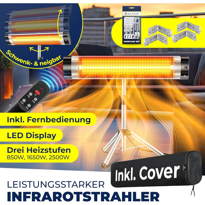 Інфрачервовий обігрівач KESSER® 2500W з пультом дистанційного керування та захисним чохлом, телескопічною стійкою, для тераси та дому