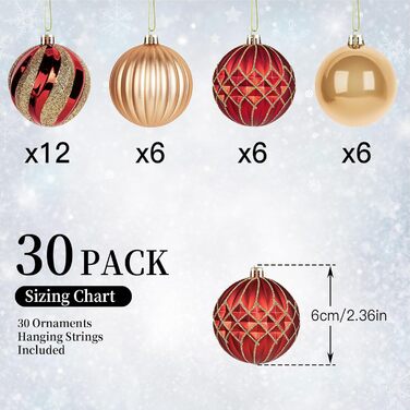 Прикраси для ялинки Shareconn 30 шт. Діаметр 6 см (60 мм), червоний та золотий колір, міцні, для ялинки та святкування