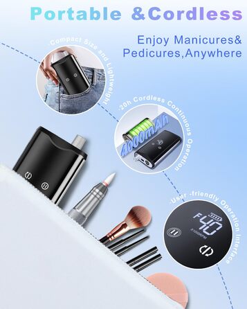 Професійний фрезер для нігтів ENGERWALL M95G: 40000 обертів/хв, акумулятор 24 год, бездротовий електричний фрезер для гелю та акрилу, LCD дисплей, турбо двигун