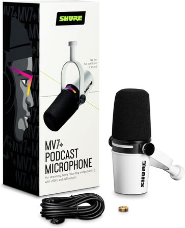 Мікрофон Shure MV7+ Gen 2 для подкастів, стрімінгу та запису – білий. USB/XLR, LED-сенсор, авто-регулювання рівня, цифровий поп-фільтр