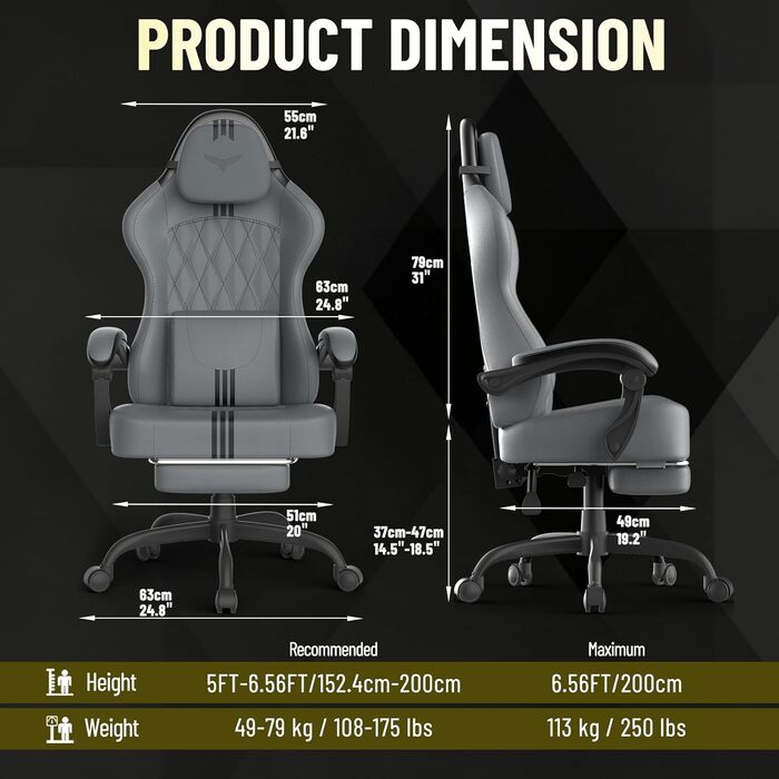 Геймерське крісло Ferghana Ergonomic - з підтримкою попереку, голови та підставкою для ніг, регульоване, обертається, дихаючий льон (сіро-чорне)