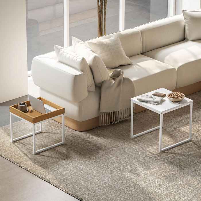 HOMCOM 2-Piece Couch Table Set, Square Side Table, Coffee Table with Steel Frame, Sofa Table in Modern Design, for Living Room, Holds up to 30 kg, White+Oak | Aosom