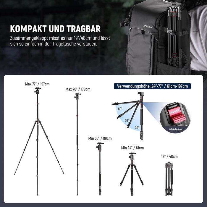 Штатив NEEWER 77' з алюмінію, монопод для DSLR та телефону, 360° кулькова головка, 2-осьова центральна колона, Arca QR пластина, сумка, портативний, вантажопідйомність 15,4 кг, TP77