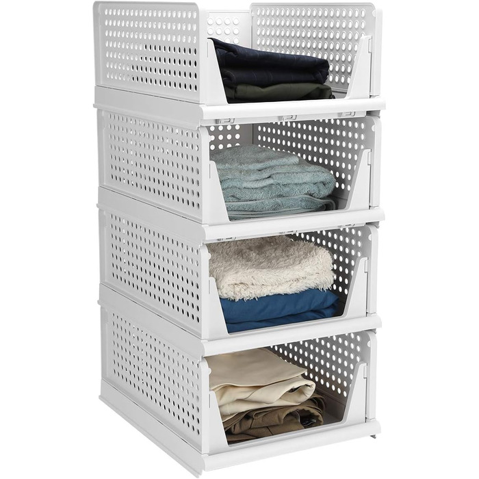 Hossejoy Set of 4 Stackable Closet Storage Boxes, Plastic Drawer Organizers, Foldable Clothes Shelf Baskets, Foldable Containers, Bins, for Office, Bedroom, and Bathroom (white)