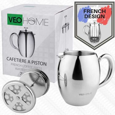 Френч-прес VeoHome з подвійними стінками, 1 л, нержавіюча сталь, термостійкий кавник