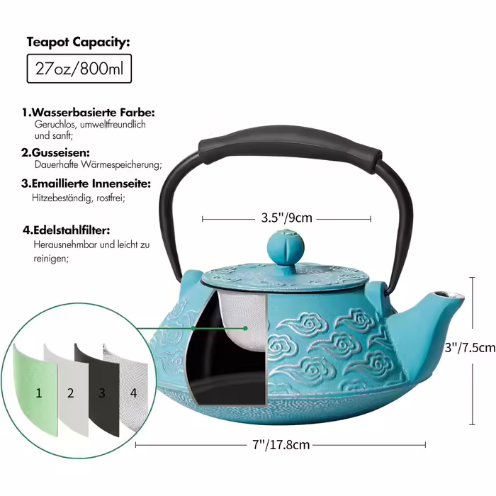 Cast iron teapot, Japanese teapot with infuser for loose tea, 800ml teapot suitable for stovetops, with enameled interior coating, cloud pattern, 27oz Green (Sky-blue)