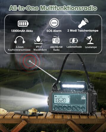 Радіо Roxicosly з ручним заводом та сонячною панеллю, 12000mAh Power Bank, AM/FM радіо для будівельних майданчиків, з ручним заводом та 5-ма способами живлення, приймач на весь світ, ліхтарик та зарядний пристрій, для відпочинку на природі, кемпінгу, надз