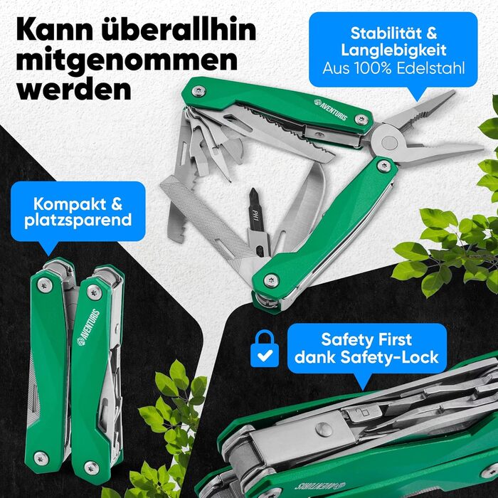 AVENTURIS® Multitool. Great multi-function tool as bicycle accessory or outdoor equipment, a multitool tool as men's gifts or Leatherman multitool green.