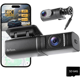 Відеореєстратор Faas Dashcam Auto Vorne & Hinten: 4K Dual, 64GB MicroSD, G-сенсор, час затримки, нічне бачення, режим паркування, циклічна запис – Чорний