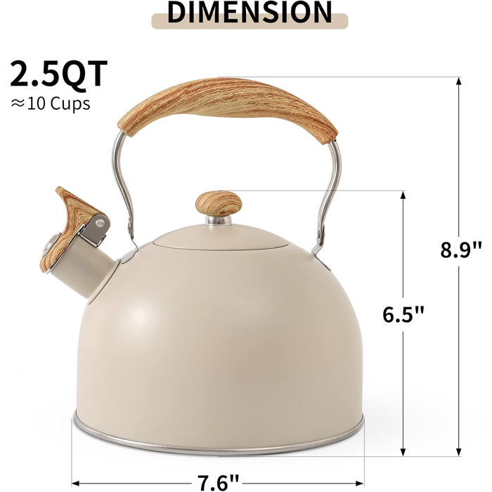 Чайник для плити LONFFERY 2.5 л з свистком, з нержавіючої сталі, з дерев'ястим декором, складаний ручка, кремово-білий
