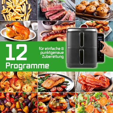 Фритюрниця повітряна GOURMETmaxx з вертикальною подвійною камерою | 10л | Чорний матовий колір | 2 камери по 5л | Airfryer з сенсорним дисплеєм