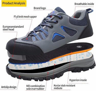 Чоловічі та жіночі робочі черевики-захисники. Легкі, дихаючі, антиковзкі, з металевим підноском. Сірий, синій, 44 EU