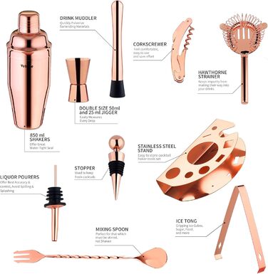 Набір шейкерів для коктейлів Velaze, 10 предметів, нержавіюча сталь, рожеве золото, професійний барний набір для дому, бару та вечірок